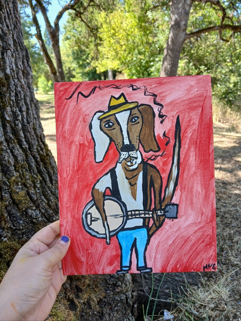 Dog Plays Banjo Painting Folk Art - Picture 6 of 7